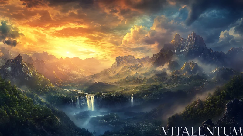 Golden dawn over misty fantasy mountains and waterfalls.