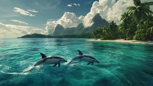 Playful dolphins glide through turquoise tropical waters at dusk