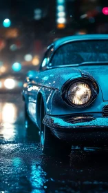 Classic blue car in wet neon city street at night scene.
