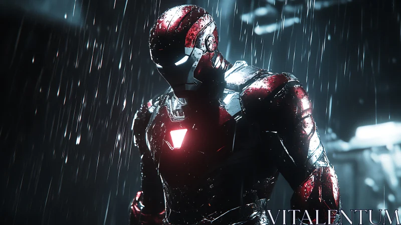 Armored humanoid figure rendered under heavy artificial rain