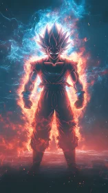 Fiery anime warrior stands powered up in crackling aura.