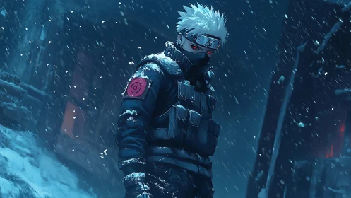 Masked anime ninja in dark snowy urban night setting.