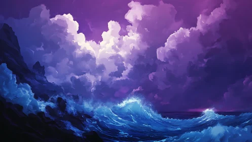 Stormy twilight waves beneath glowing violet clouds.