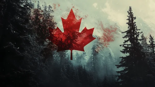 Crimson maple emblem emerging over misty Canadian forest.