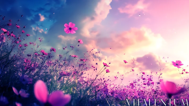 Dreamy Pink Cosmos Dancing in Golden Sunlight.