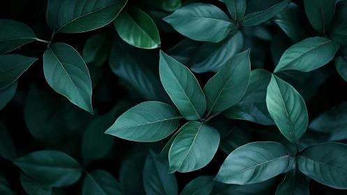 Moody green foliage fills frame with layered overlapping leaves