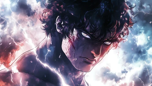Storm-lit anime warrior with electric gaze and bloodstreaked face.