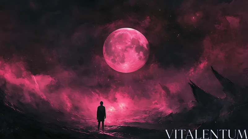 Silhouette gazes toward luminous pink moon over void sky.