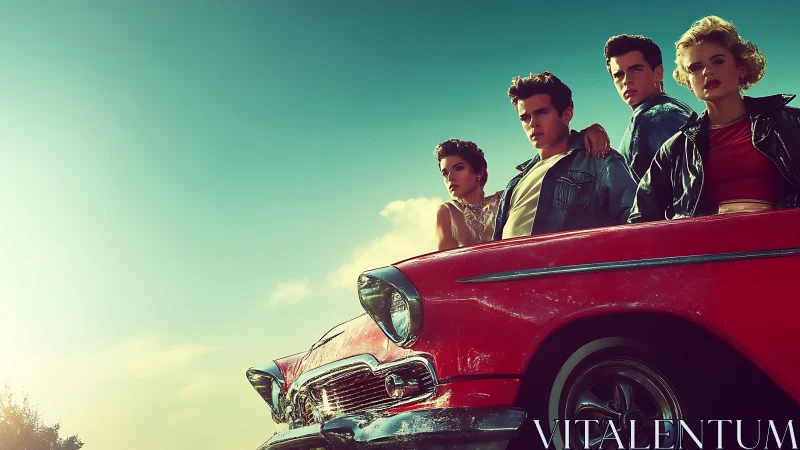 Retro-styled group posed in red classic convertible car.