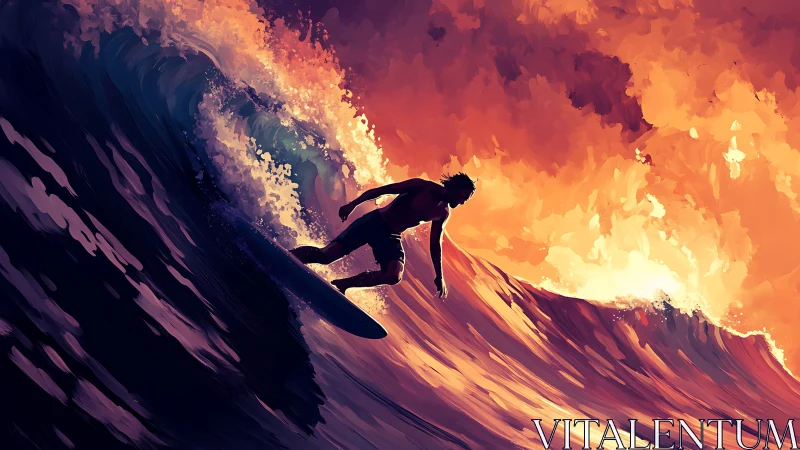 Sunset-scorched waves carry a lone surfer through molten light