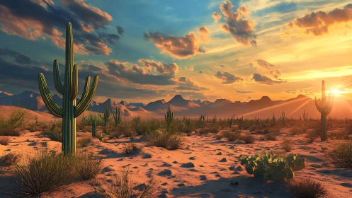Desert landscape with saguaros under warm sunset light.