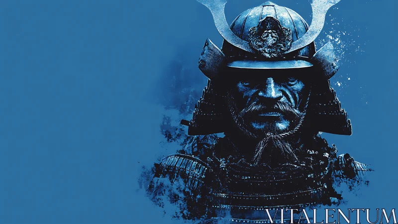Samurai warrior portrait emerges from bold blue void.