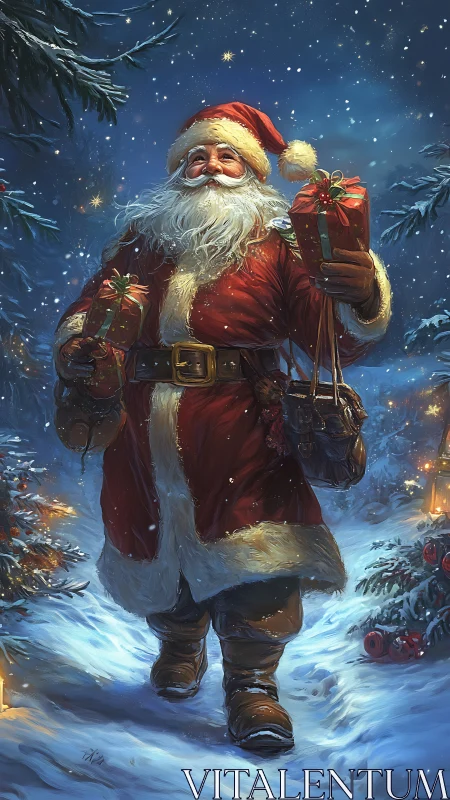 Jolly Santa walks through snowy forest night with bright gifts