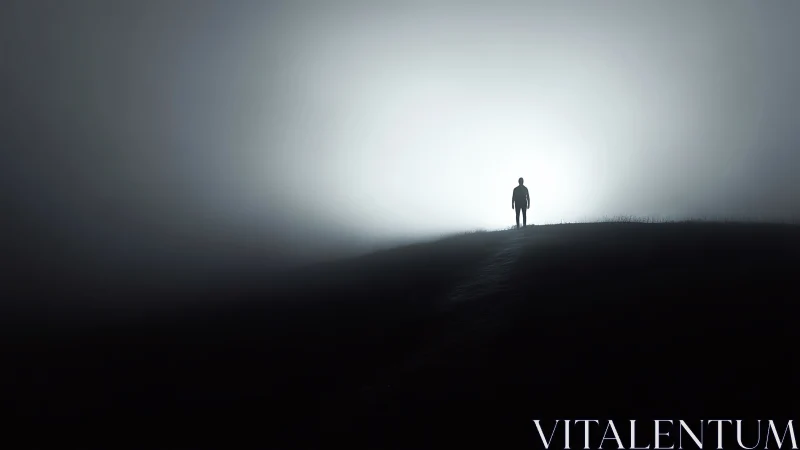 Backlit human silhouette on foggy horizon ridge at nightfall.