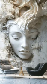 Serene sculpted face watching over a calm modern lounge.