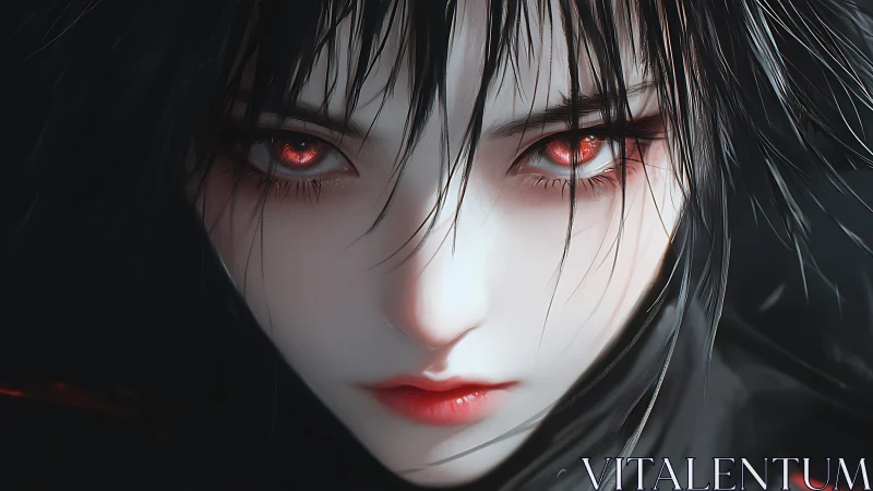 Crimson-eyed dark heroine in intense anime close-up portrait.