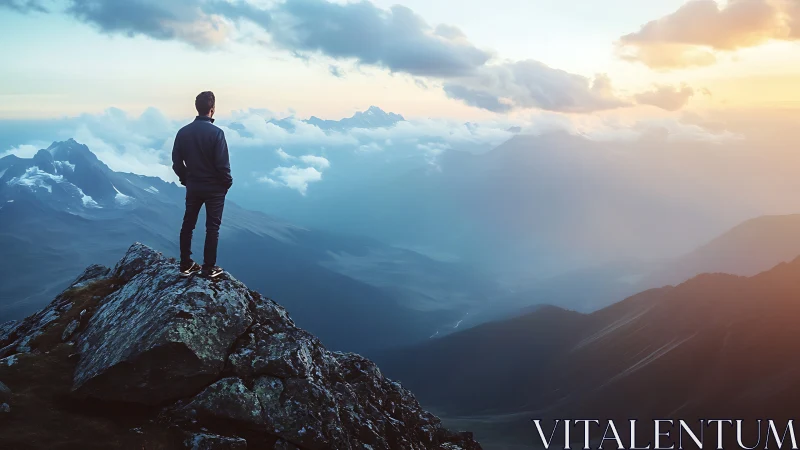 Solitary observer on alpine ridge under stratified sunset atmosphere.