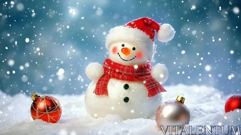 Smiling snowman enjoys gentle snowfall in festive glow