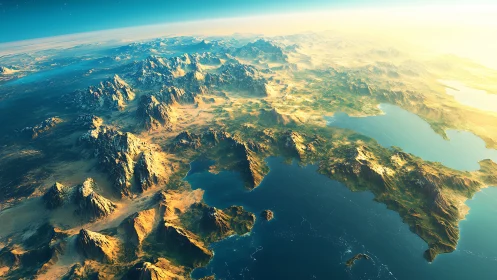 Golden sunrise washes a rugged coastline in gentle light