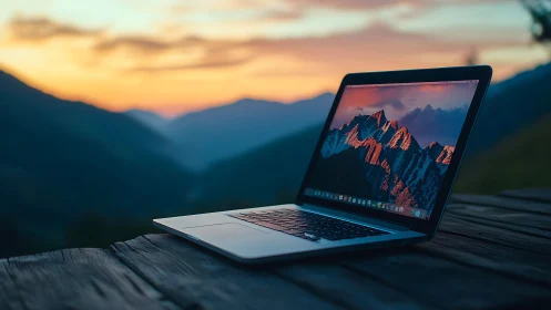 Laptop camper hums quietly against watercolor mountainscape.