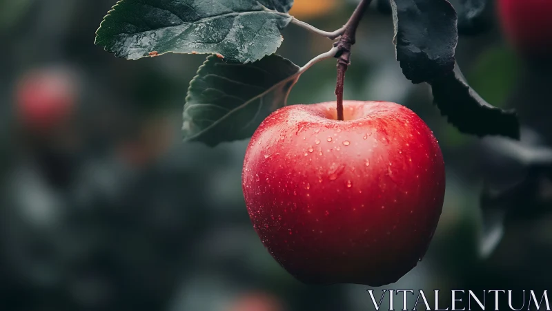Ripe red apple hanging gently among cool green leaves.