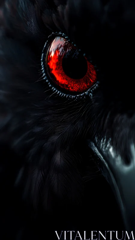 Close-up view shows intense red eye of black bird in detail