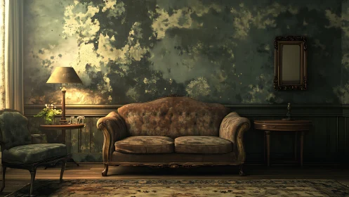 Vintage sofa against distressed green wall in moody light.