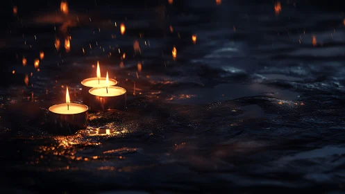 Glowing Candles in Rain: Photorealistic Nighttime Ambiance.