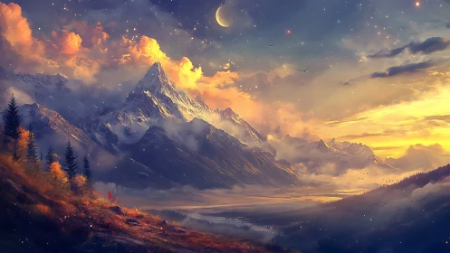 Mountain range extends under crescent moon at luminous dusk