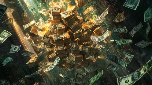 Exploding vortex of dollar bills shatters a dark neon cityscape.