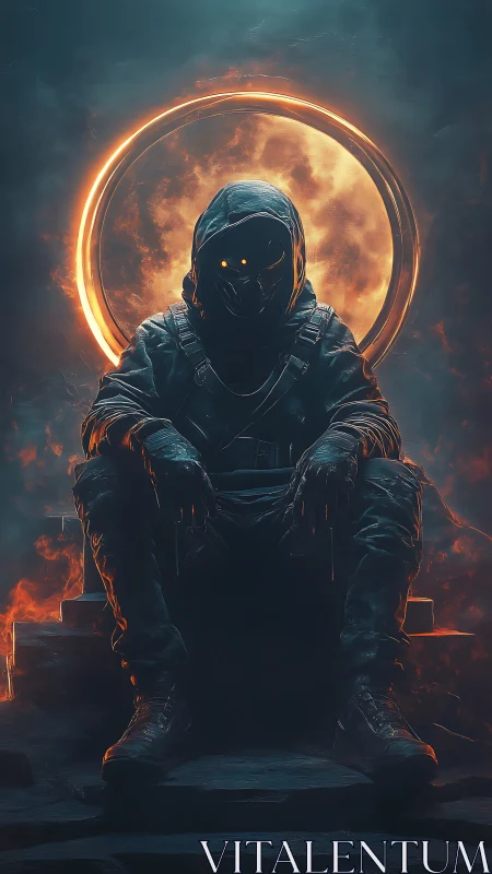 Hooded pyro-warlord on obsidian throne before burning moon.