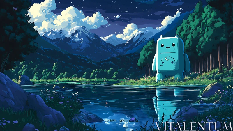 Starlit valley lake with shy robot guardian under mountains.