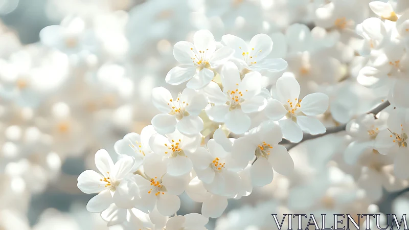 Delicate white blossoms with golden stamens captured in soft focus spring light.