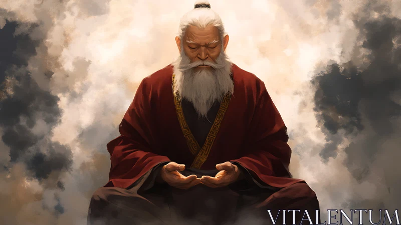 Elder monk in crimson robes meditating within luminous clouds.
