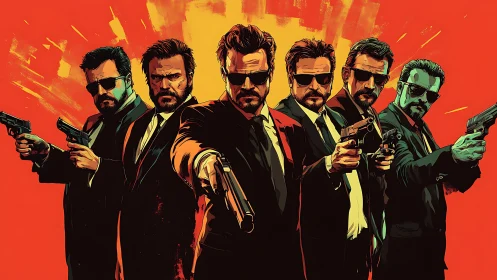 Gunmen in suits advance in stylized neon-noir action tableau