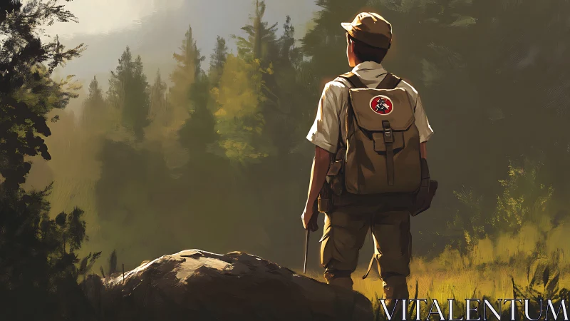 Young hiker pausing in golden forest light, ready to explore.