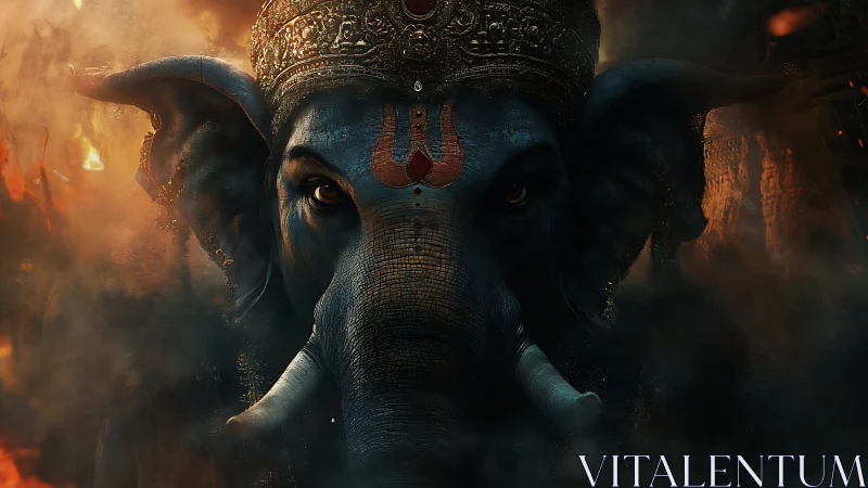 Majestic crowned elephant amid sacred firelit mist.
