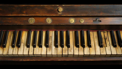 Weathered upright piano keyboard with cracked ivory keys