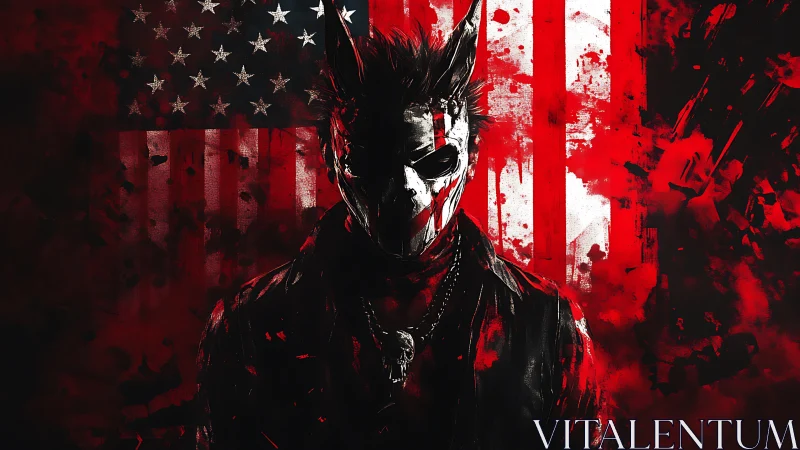 Masked humanoid figure before distressed US flag backdrop.