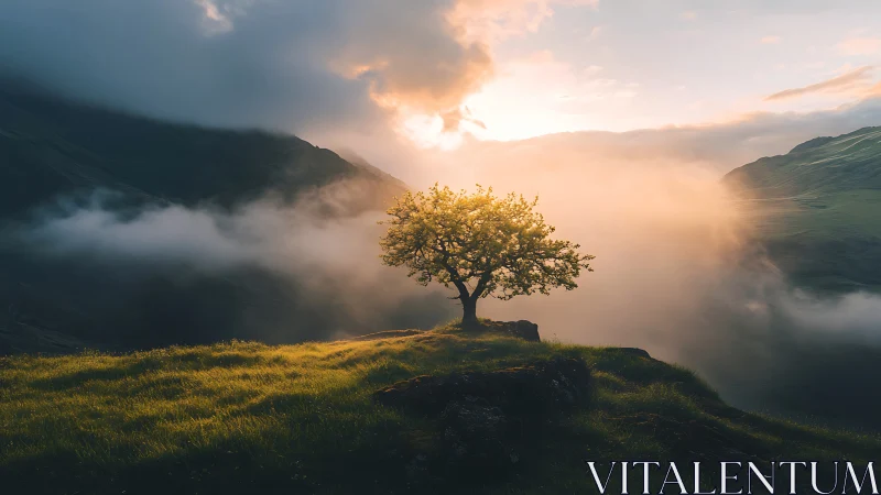 Solitary tree on misty mountain ridge at sunrise.