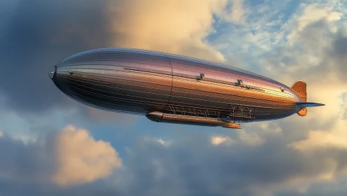 Gleaming vintage airship drifting through ember-tinted clouds.