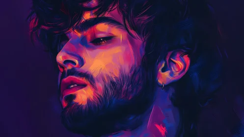 Neon-lit male portrait glows in expressive digital hues.