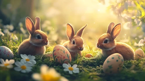 Backlit spring meadow with three rabbits and painted eggs