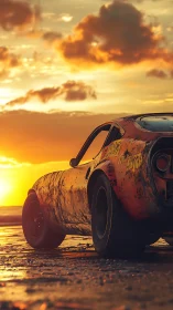 Gritty muscle car glows warmly against a fiery beach sunset