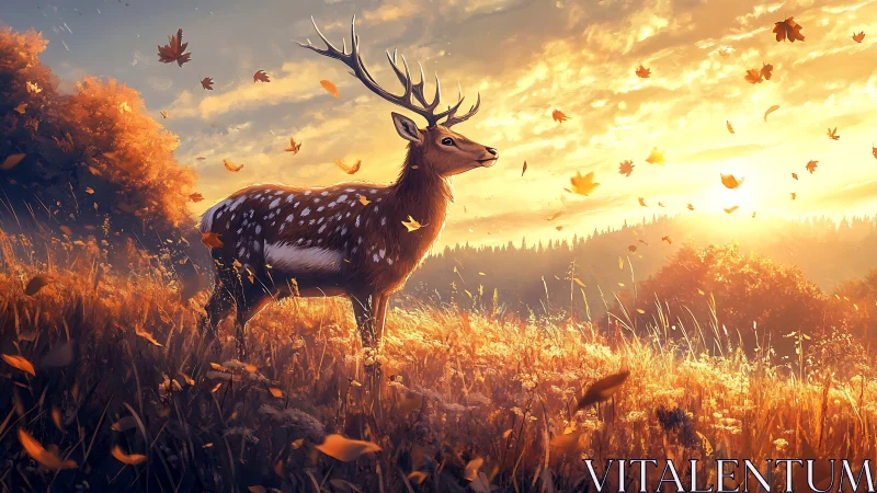 Majestic stag crowned in sunset leaves over golden meadow.