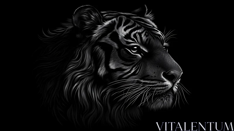 Tiger head profile rendered in monochrome digital illustration