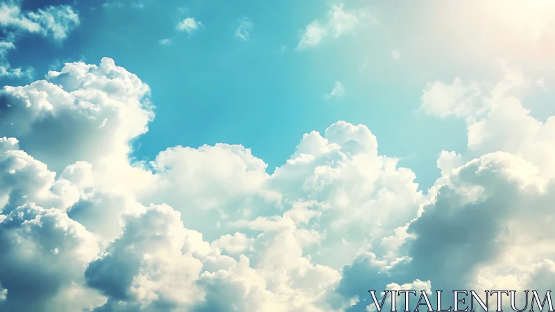 Sunlit cumulus clouds fill vibrant cyan summer sky.