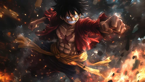 Dynamic anime fighter in mid-air punch amid fiery particle field