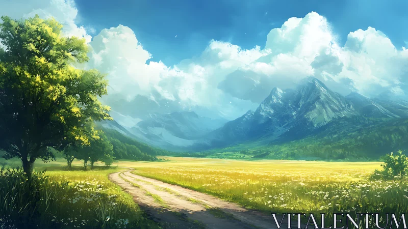 Sunlit mountain plain with dirt path under high cumulus clouds