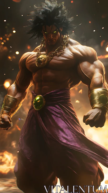 Mythic warrior with glowing eyes in blazing inferno.